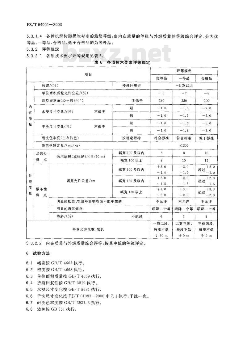 FZ/T 64001-2003 机织树脂黑炭衬布