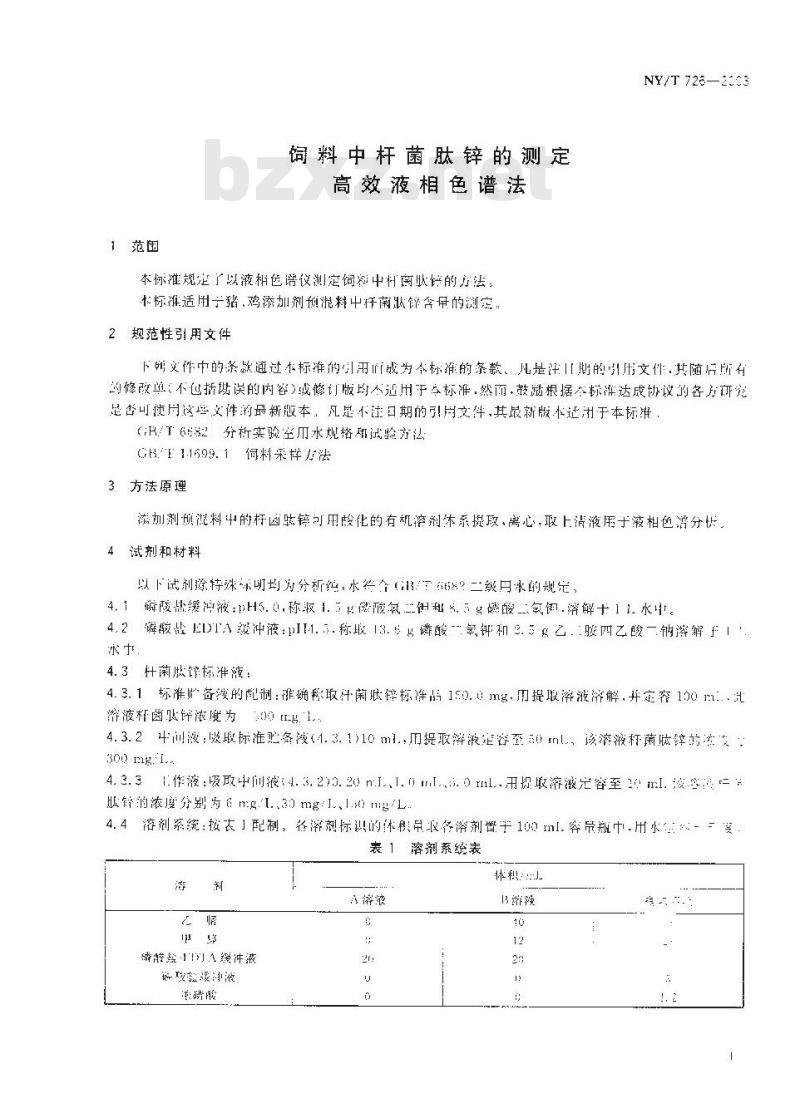 NY/T 726-2003 饲料中杆菌肽锌的测定高效液相色谱法