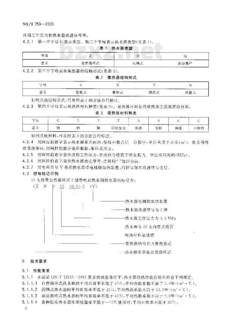 NY/T 759-2003 承压式家用太阳热水器技术条件