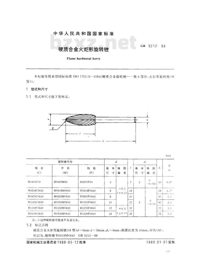 GB/T 9212-1988 硬质合金火炬形旋转锉
