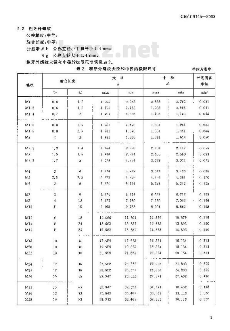 GB/T 9145-2003 普通螺纹 中等精度、优选系列的极限尺寸