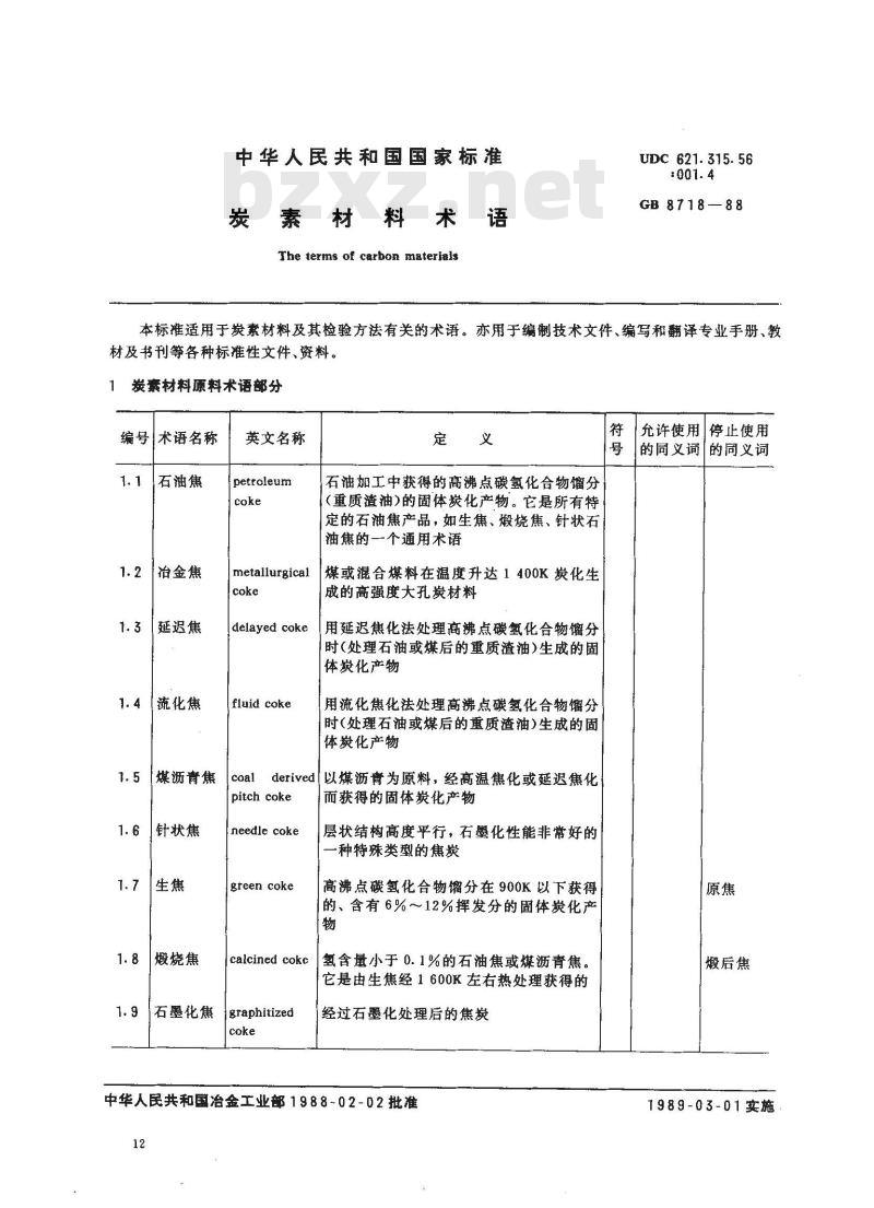 GB/T 8718-1988 碳素材料名词术语
