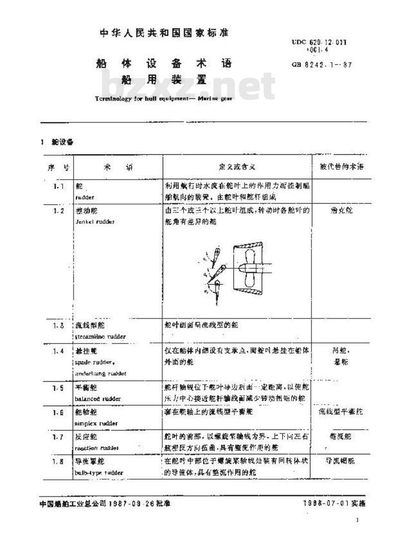 GB 8242.1-1987 船体设备术语 船用装置