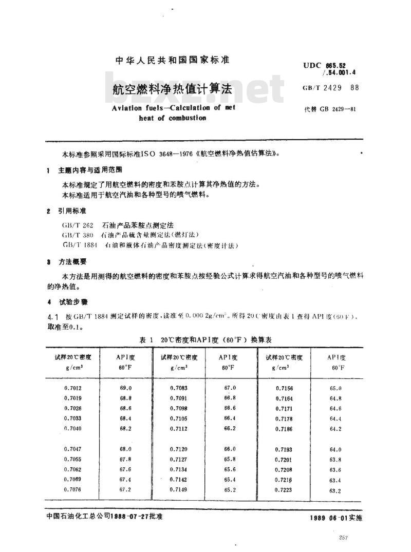 GB/T 2429-1988 航空燃料净热值计算法
