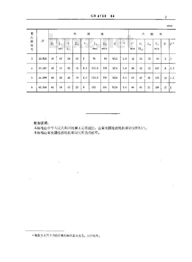 GB 4133-1984 莫氏圆锥的强制传动型式及尺寸