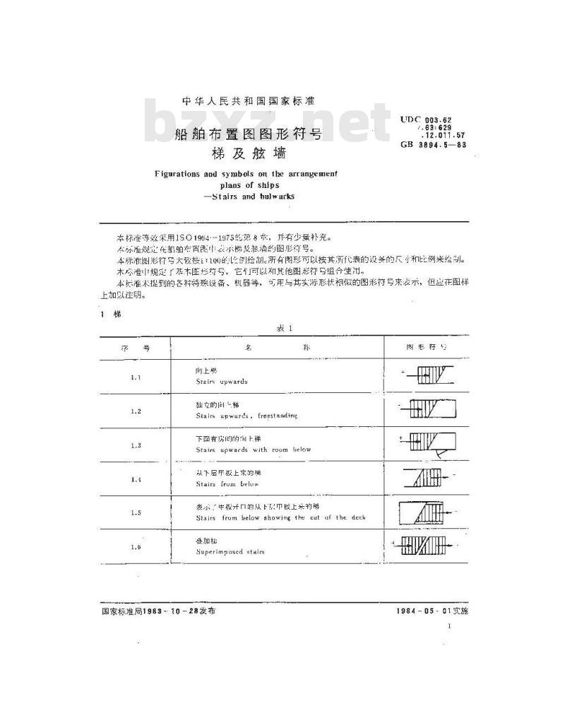 GB 3894.5-1983 船舶布置图图形符号 梯及舷墙