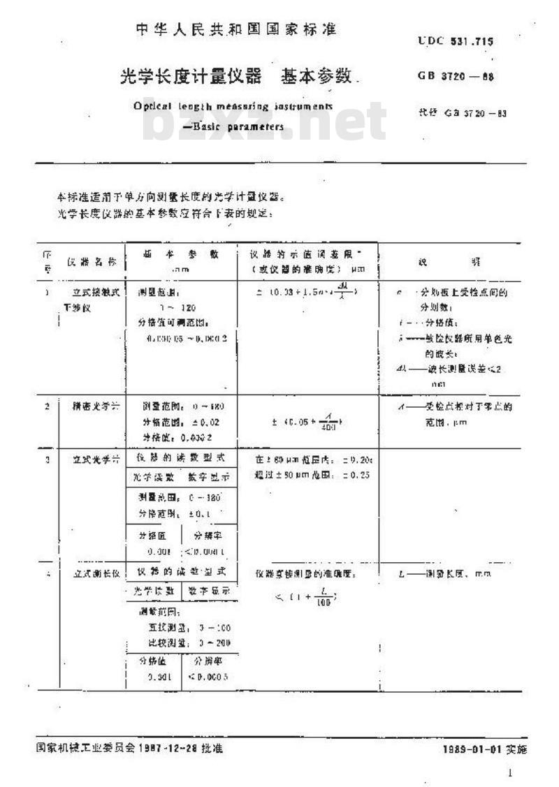 GB/T 3720-1988 光学长度计量仪器 基本参数