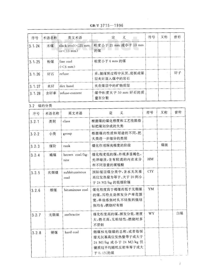 GB/T 3715-1996 煤质及煤分析有关术语