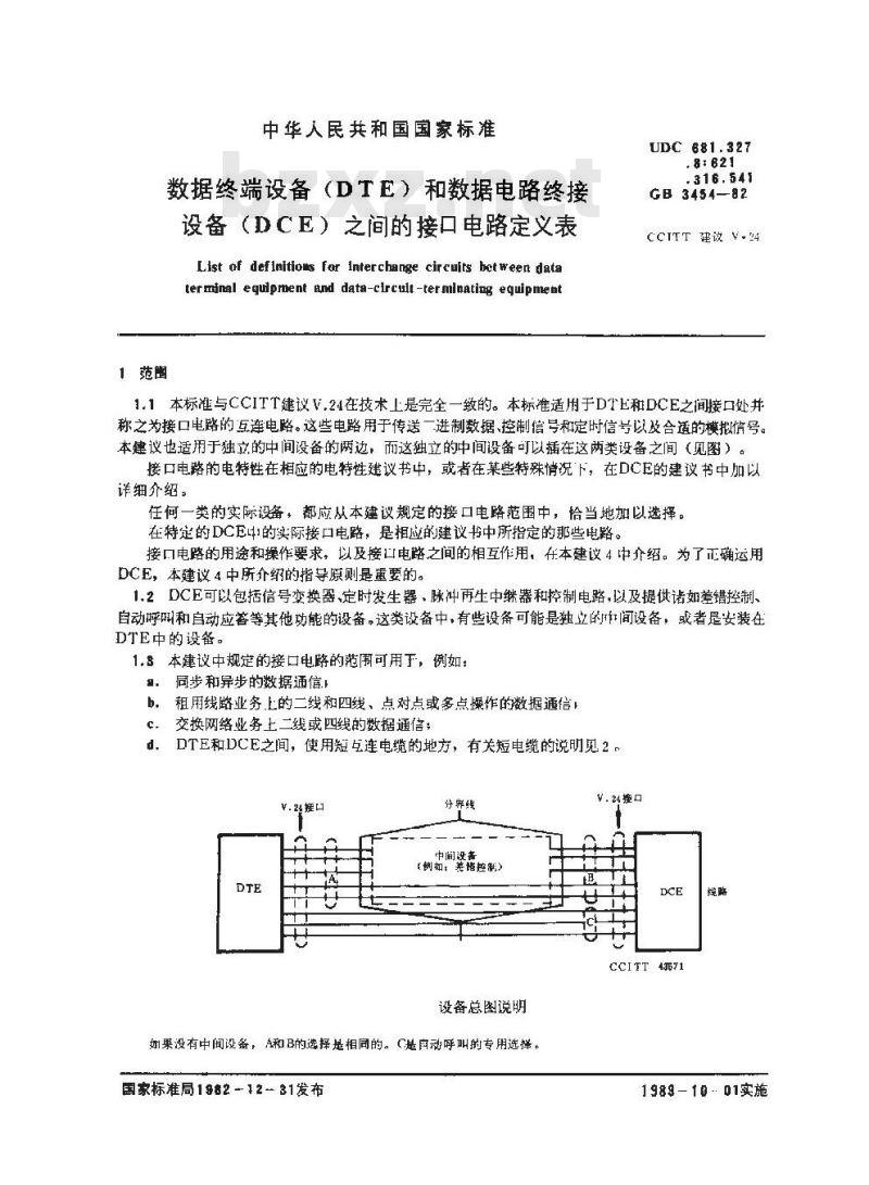 GB/T 3454-1982 数据终端设备(DTE)和数据电路终接设备(DCE)之间的接口电路定义表