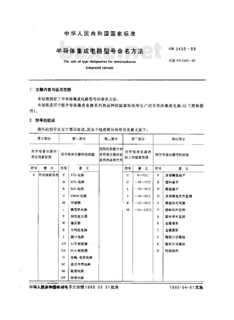 GB 3430-1989 半导体集成电路型号命名方法