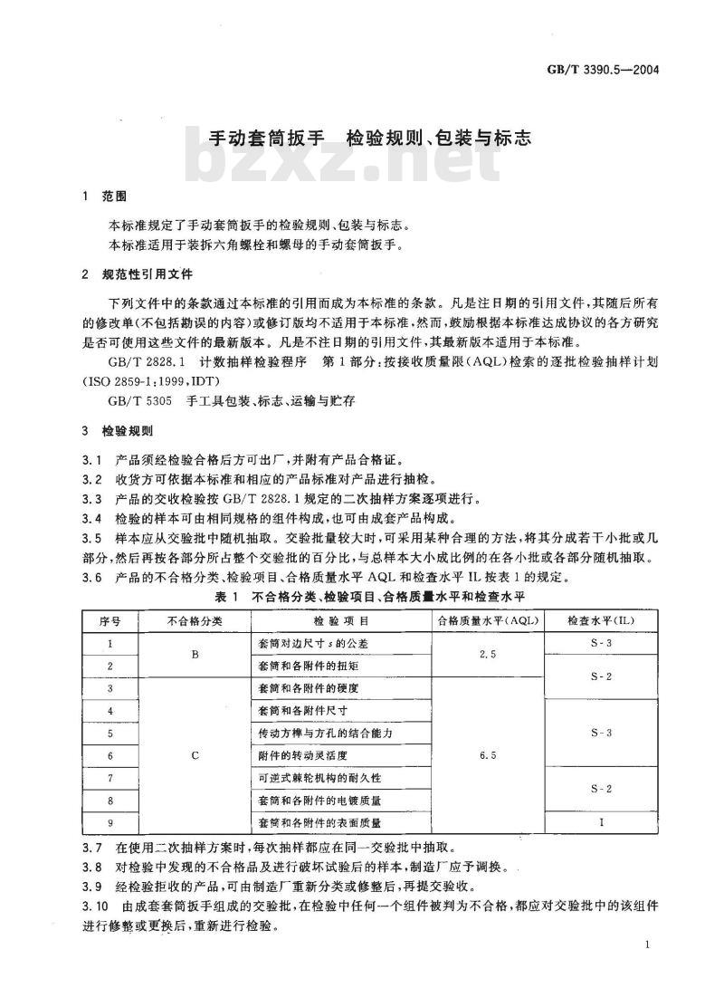 GB/T 3390.5-2004 手动套筒扳手 检验规则、包装与标志