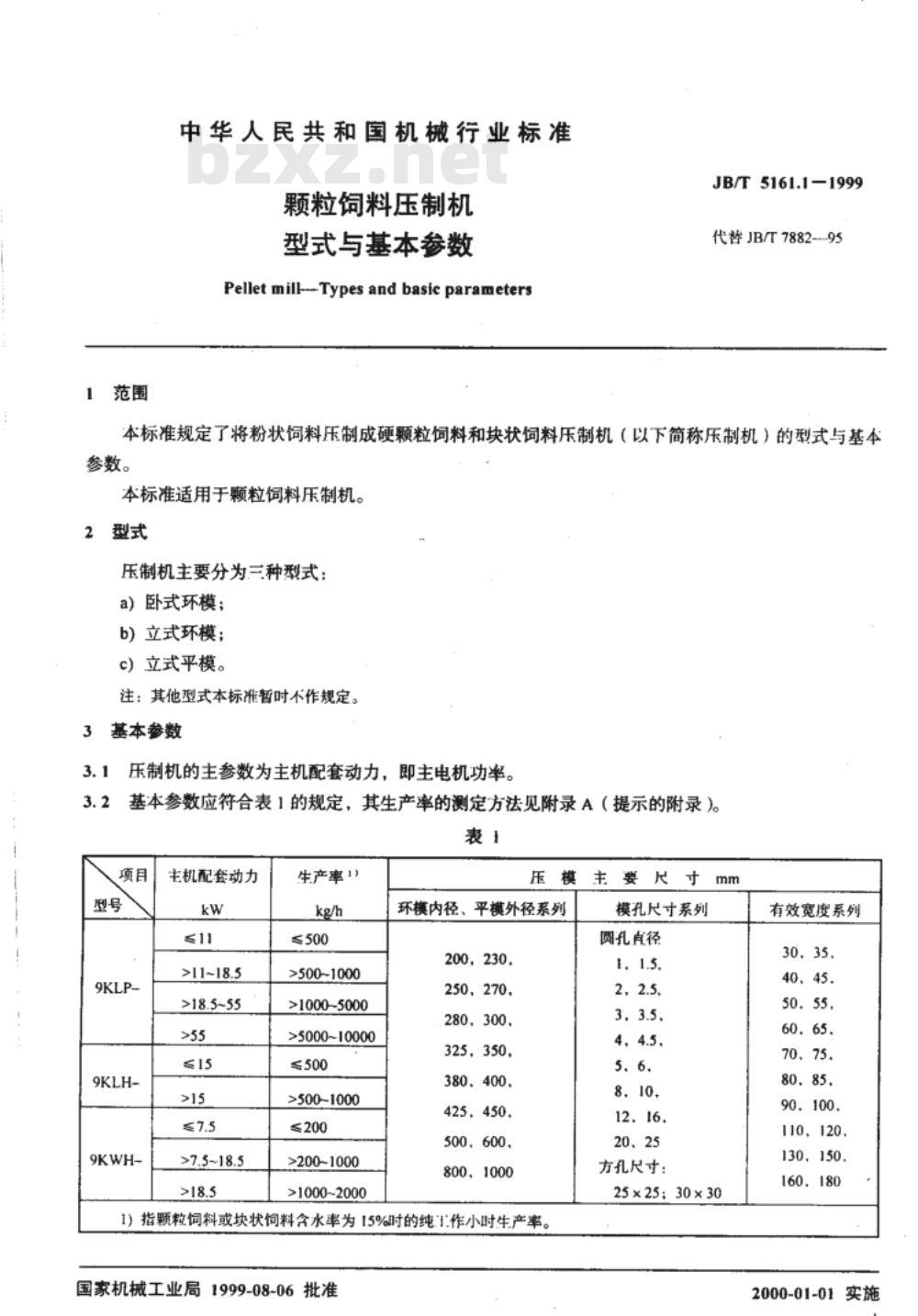 JB/T 5161.1-1999 颗粒饲料压制机 型式与基本参数