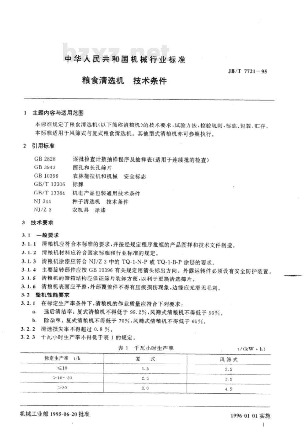 JB/T 7721-1995 粮食清选机 技术条件