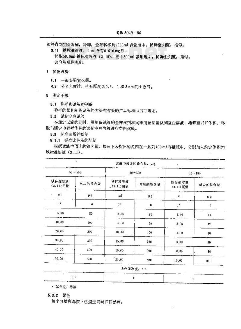 GB/T 3049-1986 化工产品中铁含量测定的通用方法 邻菲罗啉分光光度法