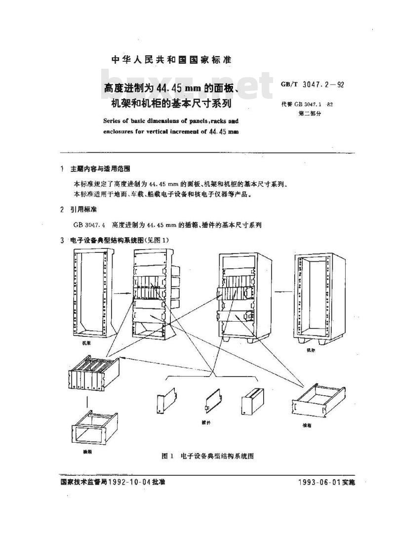 GB/T 3047.2-1992 高度进制为44.45mm的面板,机架和机柜的基本尺寸系列