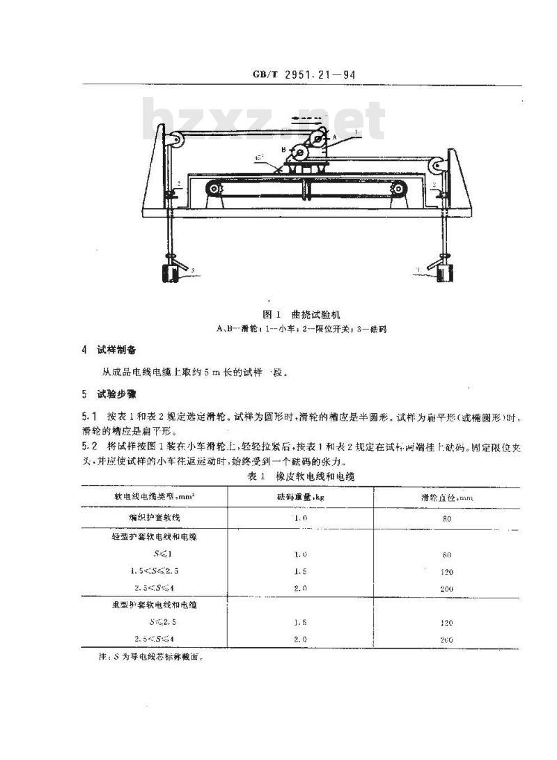 GB/T 2951.21-1994 电线电缆机械物理性能试验方法 软电线和软电缆曲挠试验