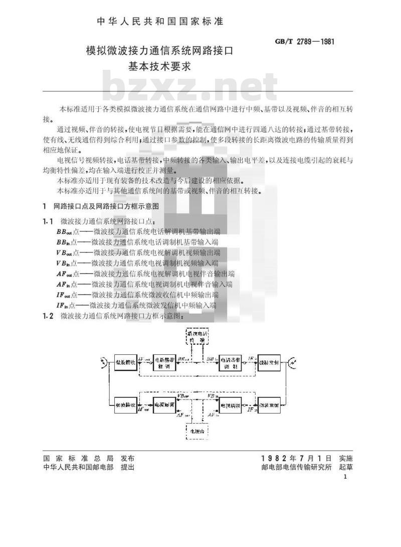 GB/T 2789-1981 模拟微波接力通信系统网路接口基本技术要求