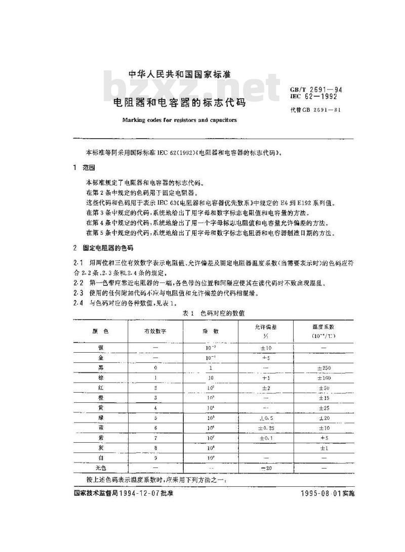 GB/T 2691-1994 电阻器和电容器的标志代码
