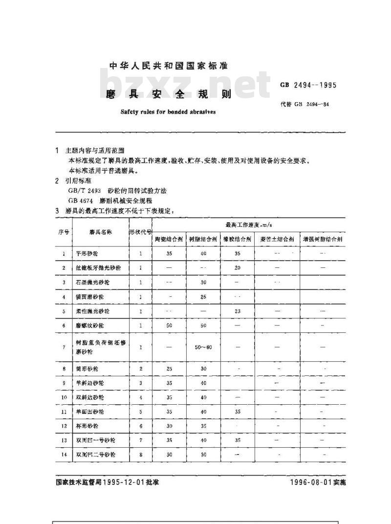 GB 2494-1995 磨具安全规则