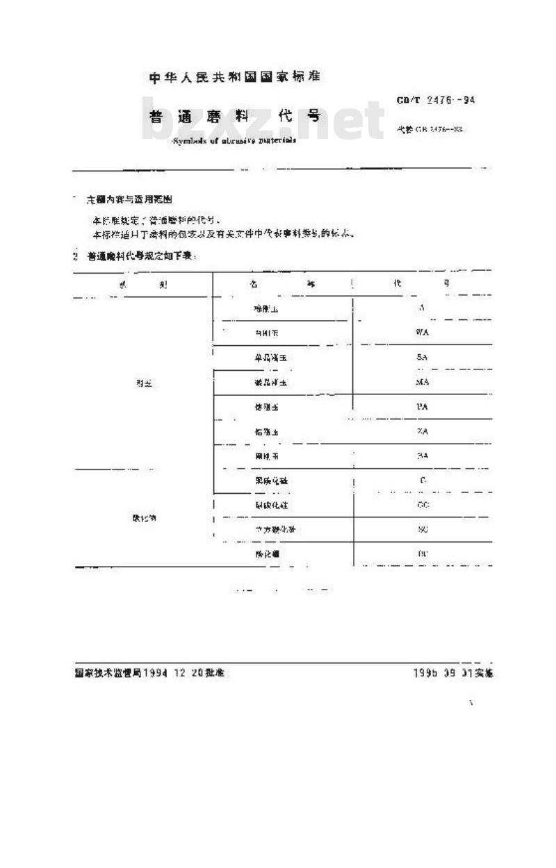 GB/T 2476-1994 普通磨料 代号