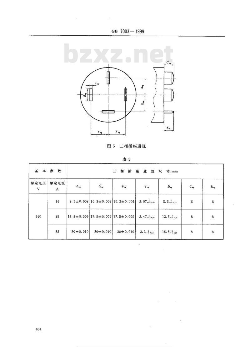 GB 1003-1999 家用和类似用途三相插头插座型式、基本参数和尺寸