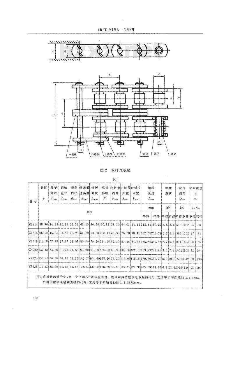 JB/T 9153-1999 双链冷拔机用重载直板滚子链和链轮
