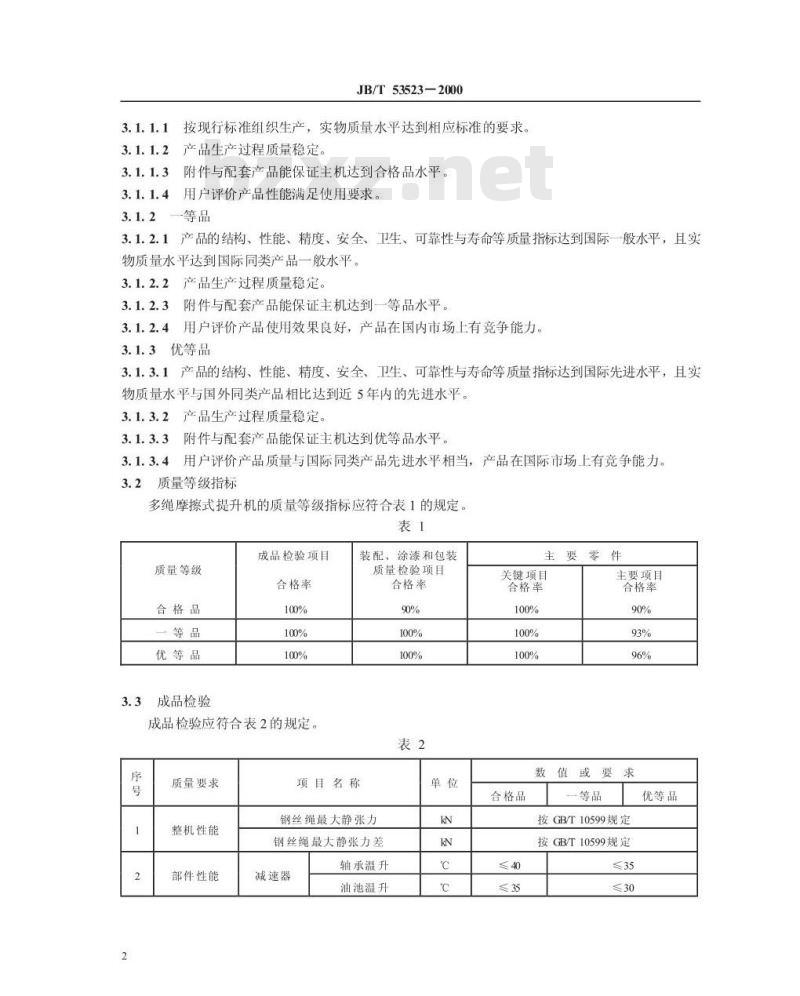 JB/T 53523-2000 多绳摩擦式提升机 产品质量分等