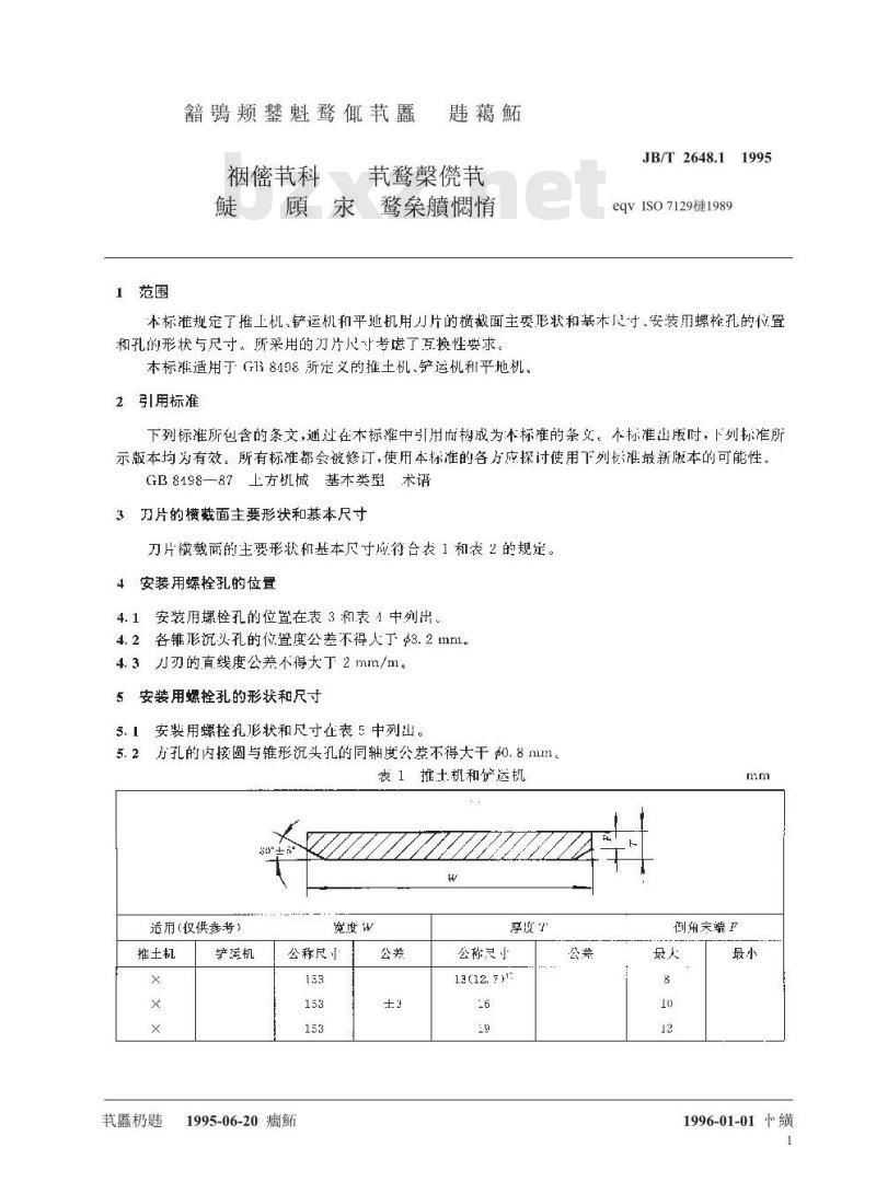 JB/T 2648.1-1995 推土机、铲运机和平地机刀片的主要形状和基本尺寸