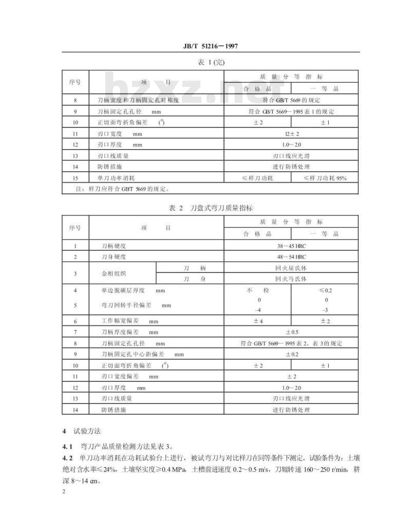 JB/T 51216-1997 旋耕机械弯刀 产品质量分等