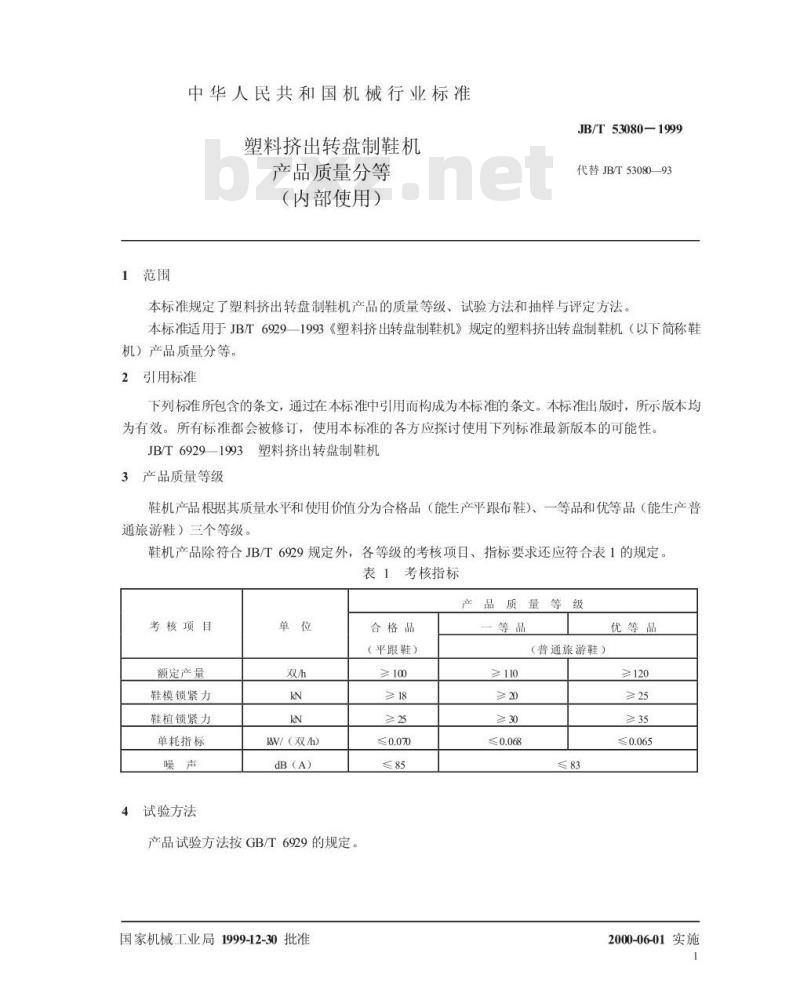 JB/T 53080-1999 塑料挤出转盘制鞋机 产品质量分等
