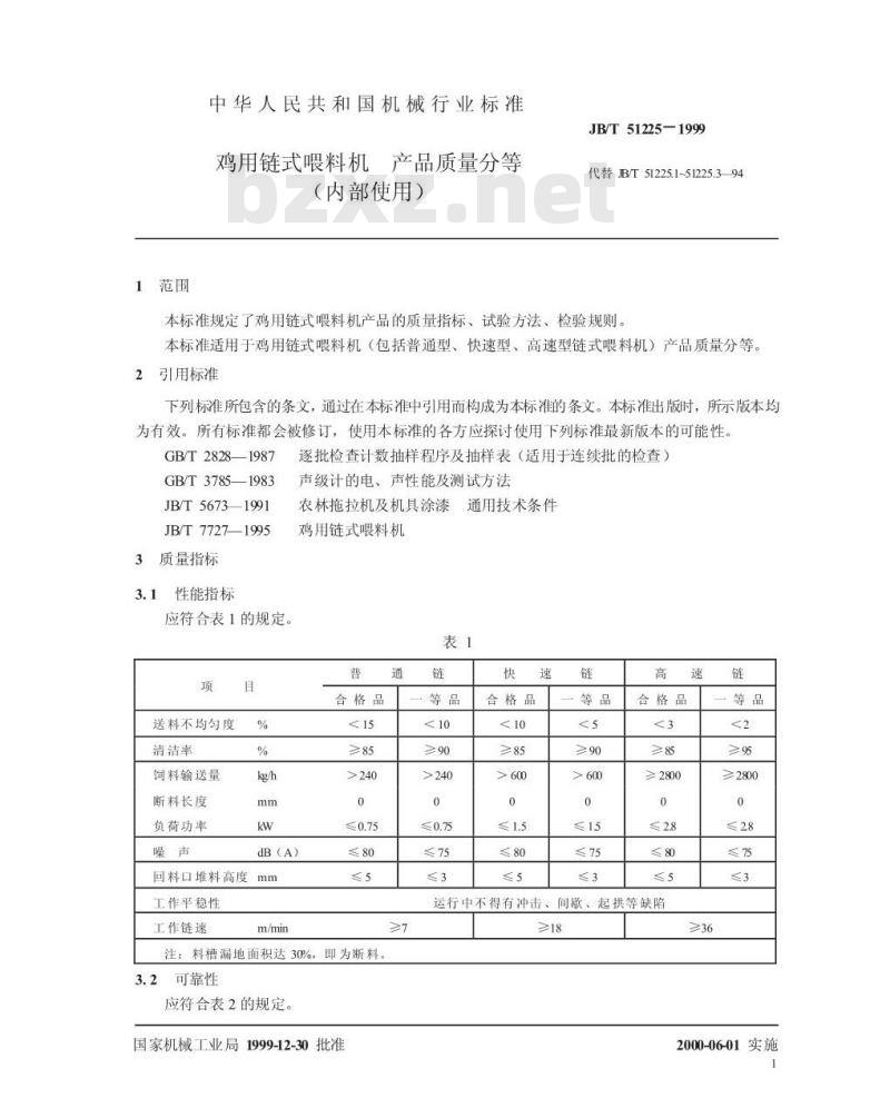 JB/T 51225-1999 鸡用链式喂料机 产品质量分等