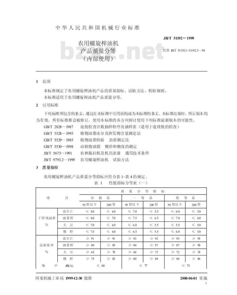 JB/T 51192-1999 农用螺旋榨油机 产品质量分等