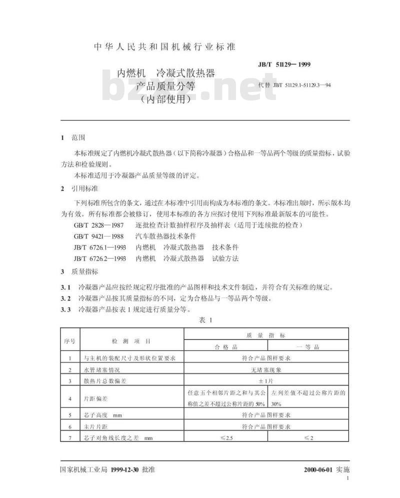 JB/T 51129-1999 内燃机 冷凝式散热器 产品质量分等