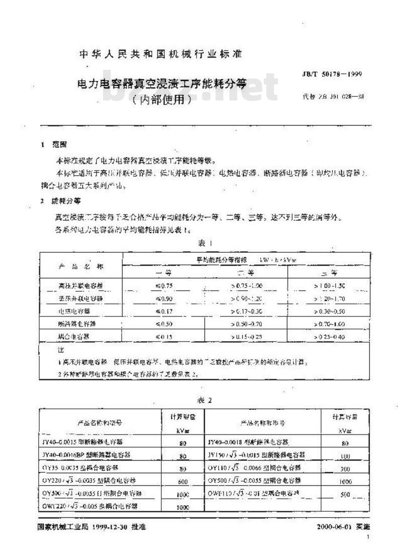JB/T 50178-1999 电力电容器真空浸渍工序能耗分等