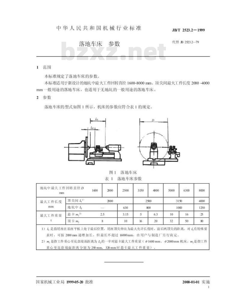 JB/T 2523.2-1999 落地车床 参数