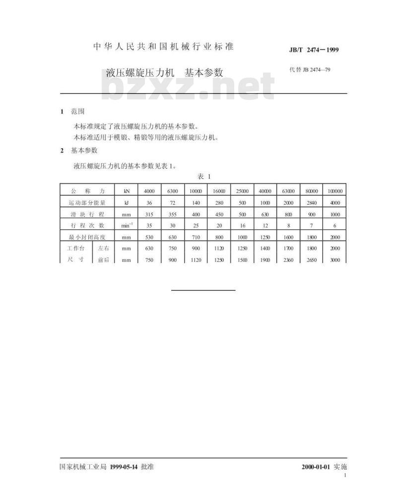 JB/T 2474-1999 液压螺旋压力机 基本参数