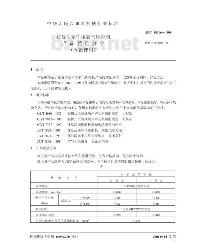 JB/T 50016-1999 往复活塞中压氧气压缩机 产品质量分等