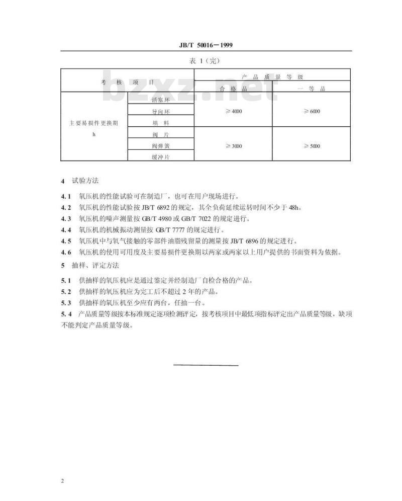 JB/T 50016-1999 往复活塞中压氧气压缩机 产品质量分等