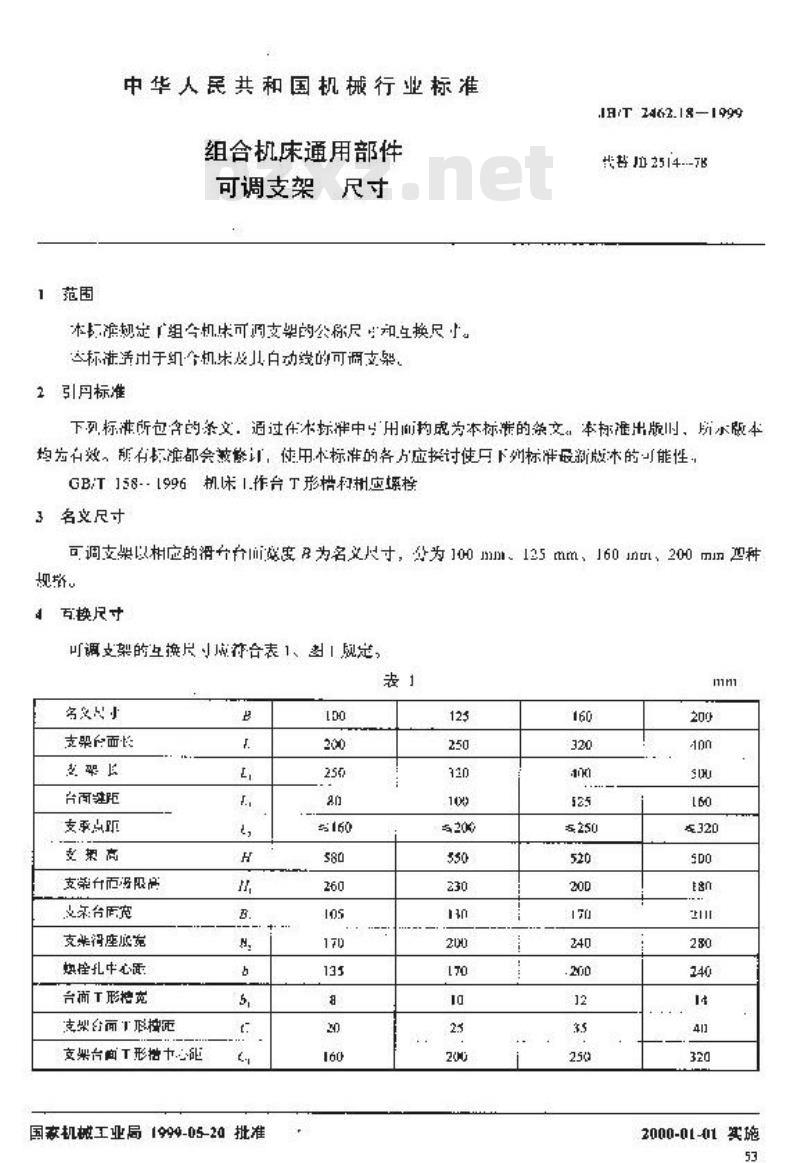 JB/T 2462.18-1999 组合机床通用部件 可调支架 尺寸