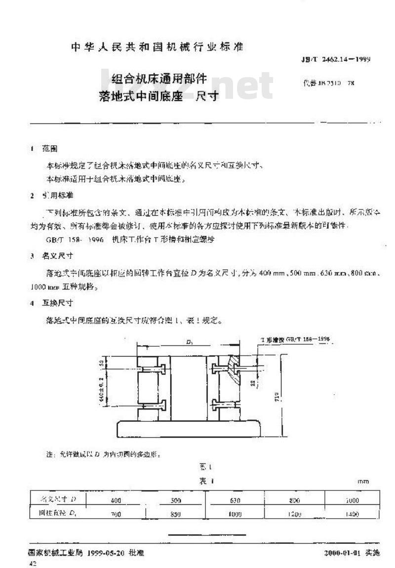 JB/T 2462.14-1999 组合机床通用部件 落地式中间底座 尺寸