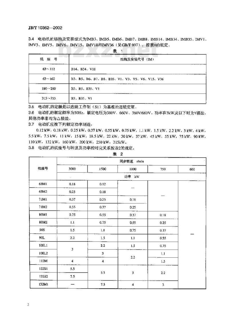 JB/T 10352-2002 YFB系列粉尘防爆型三相异步电动机(机座号63～355)技术条件