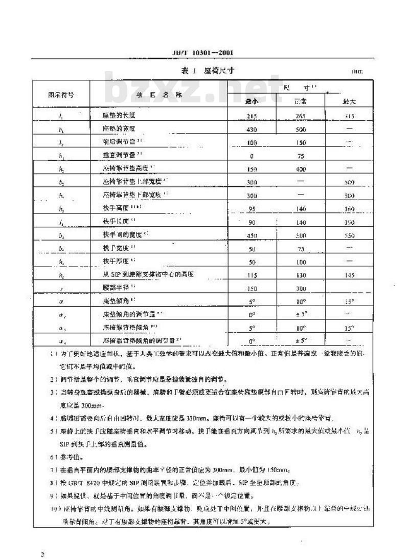 JB/T 10301-2001 土方机械 司机坐椅尺寸和要求