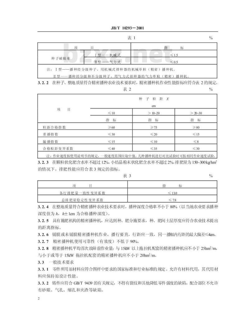 JB/T 10293-2001 单粒(精密)播种机 技术条件