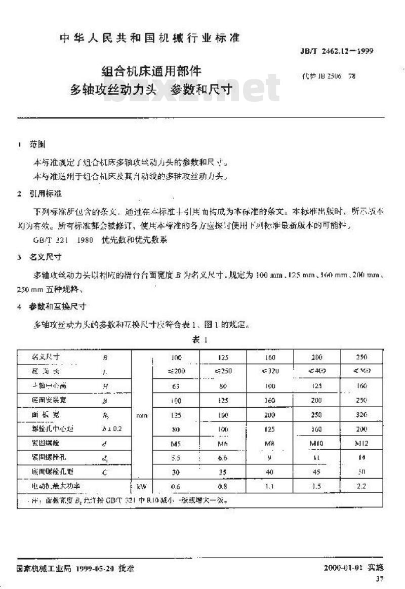 JB/T 2462.12-1999 组合机床通用部件 多轴攻丝动力头 参数和尺寸