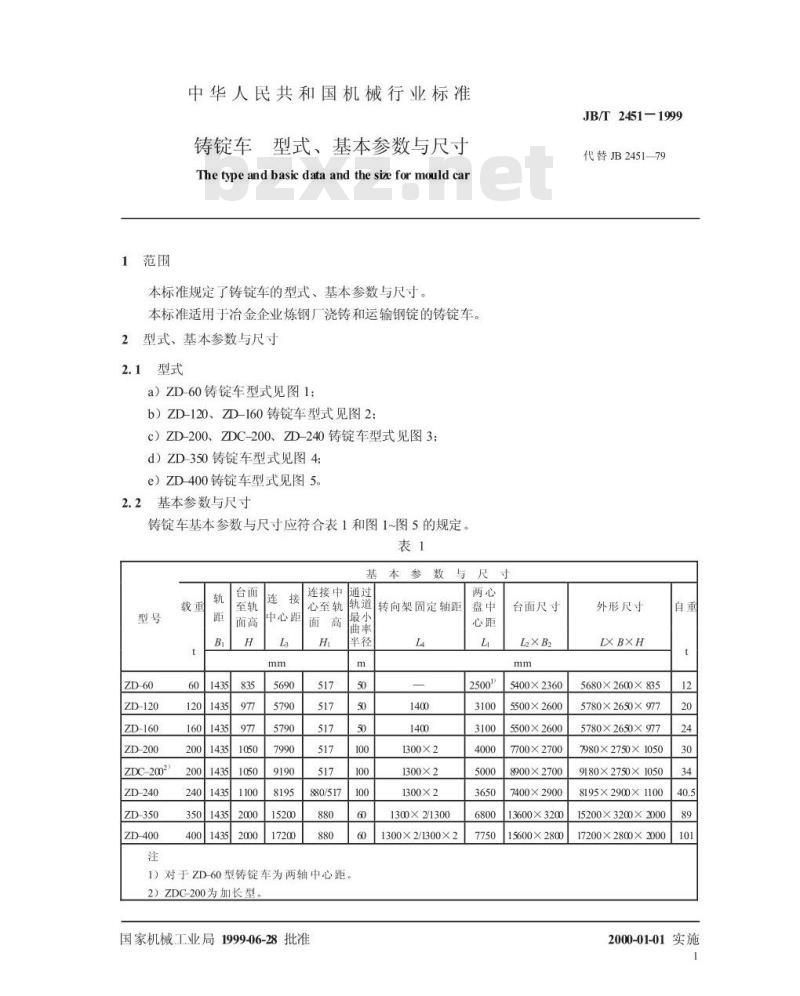 JB/T 2451-1999 铸锭车 型式、基本参数与尺寸