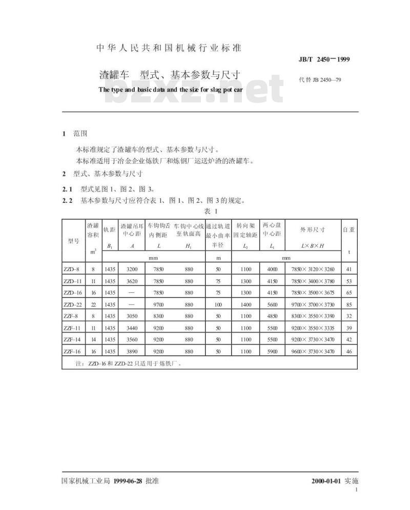 JB/T 2450-1999 渣罐车 型式、基本参数与尺寸