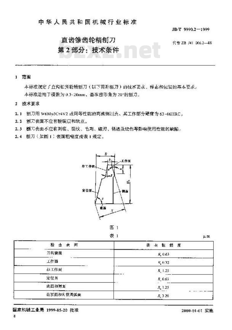JB/T 9990.2-1999 直齿锥齿轮精刨刀 第 2 部分：技术条件