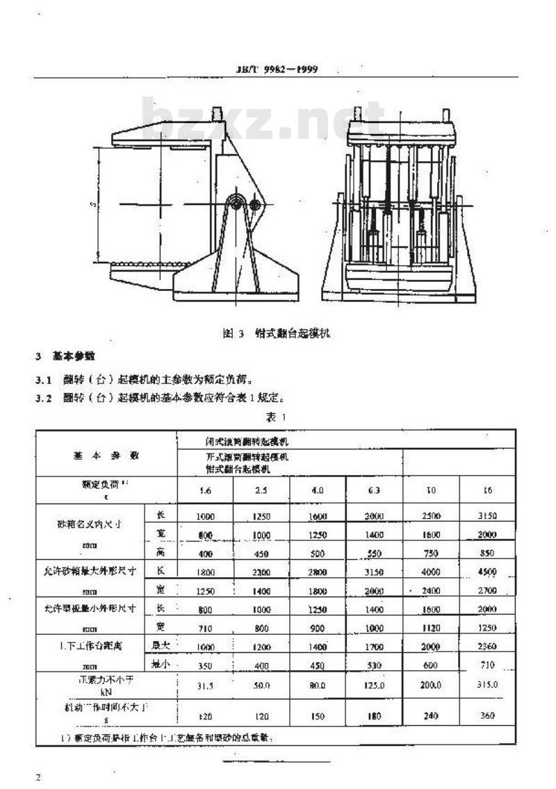 JB/T 9982-1999 翻转(台)起模机 型式与基本参数