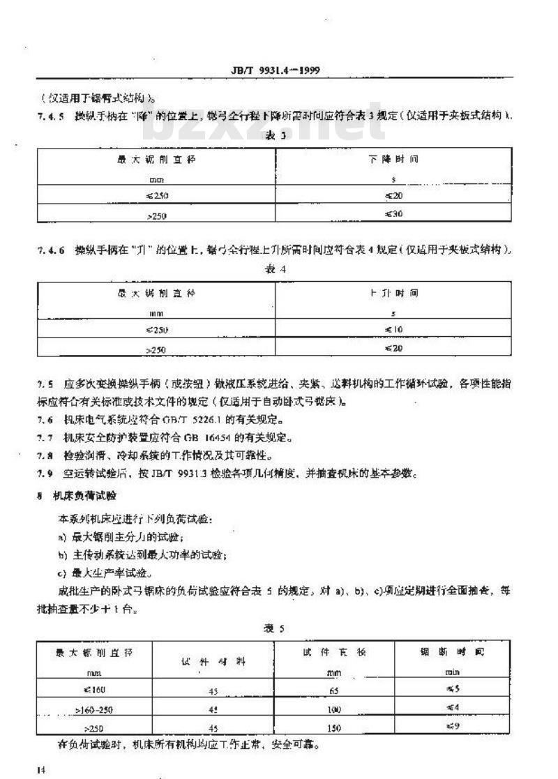 JB/T 9931.4-1999 卧式弓锯床 技术条件
