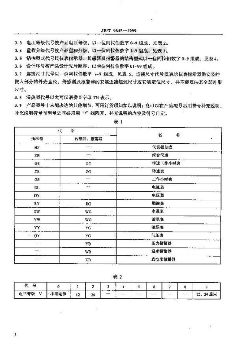 JB/T 9845-1999 拖拉机、内燃机用仪表 型号编制规则